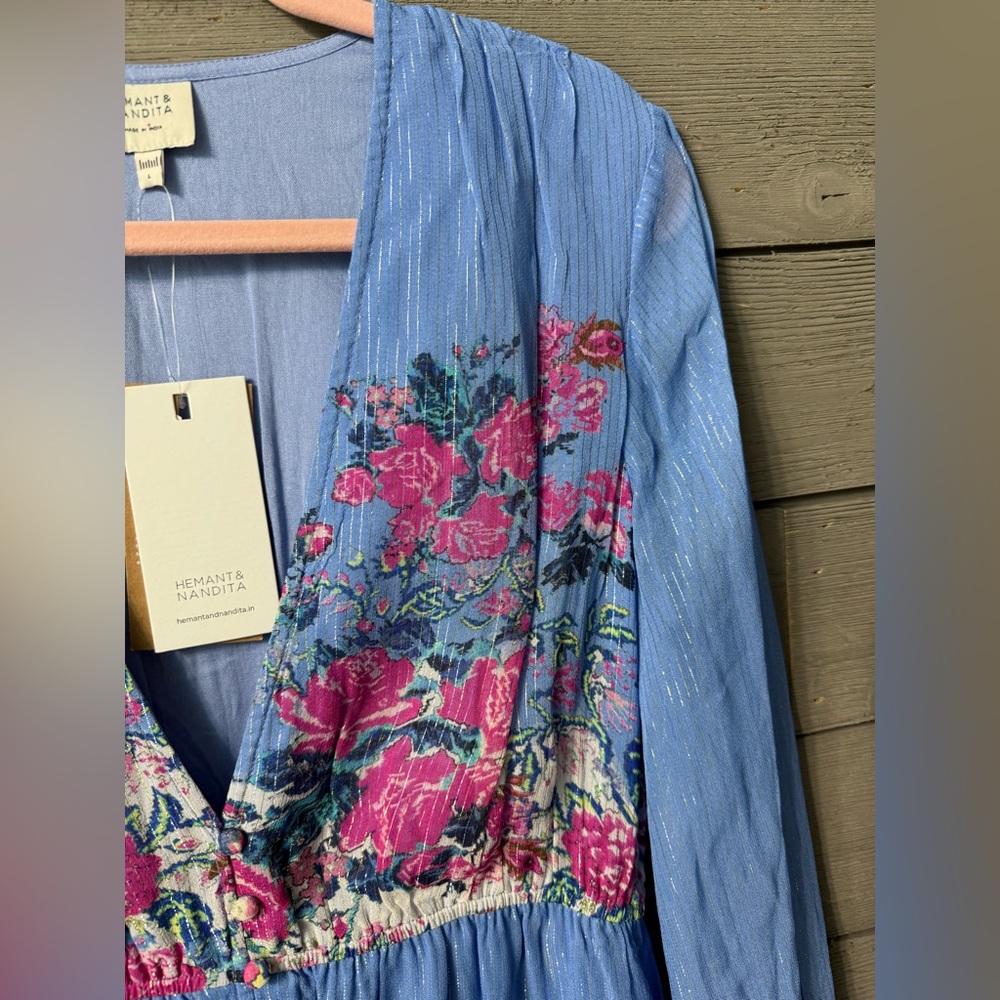 NWT Hemant & Nandita Mila Floral Metallic Stripe Dress Stone Blue L Valentines - Picture 10 of 16